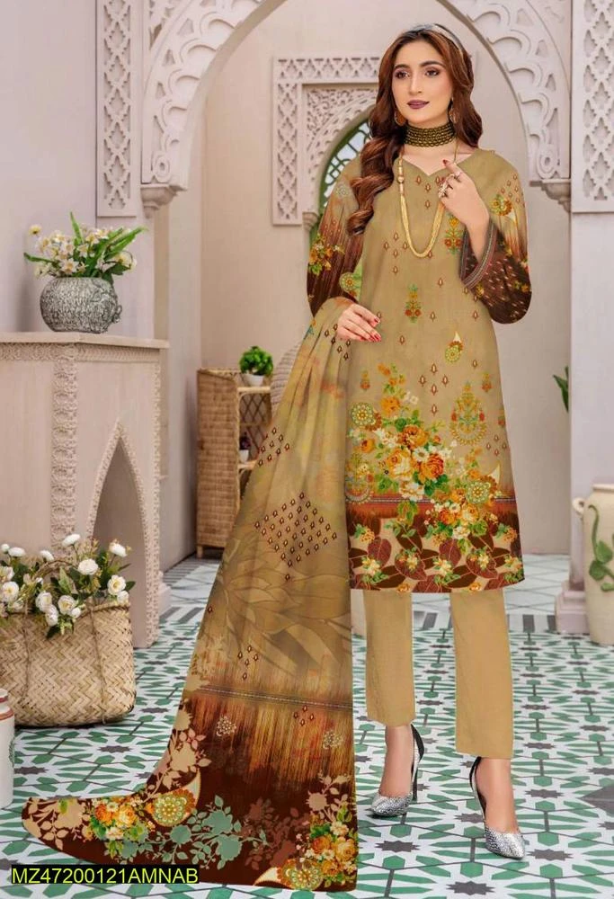 3 Pcs Women's Unstitched Dhanak Printed Suit