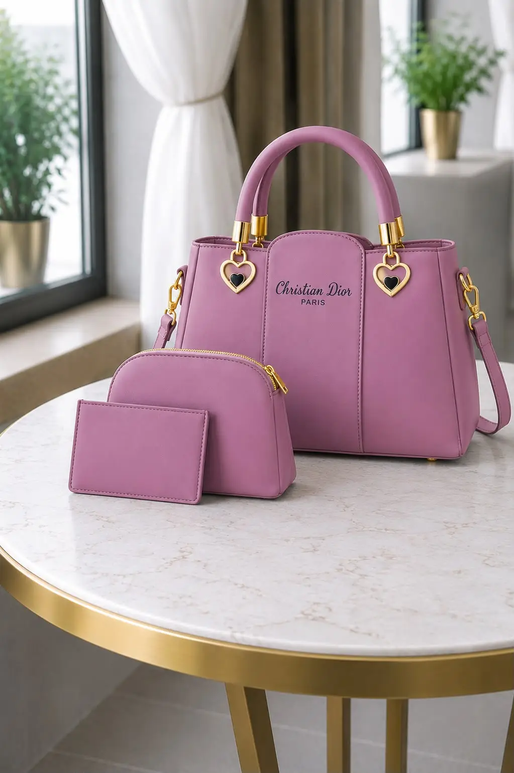 Girl's Leather Plain 3-Piece Hand Bag Set with Top Handle