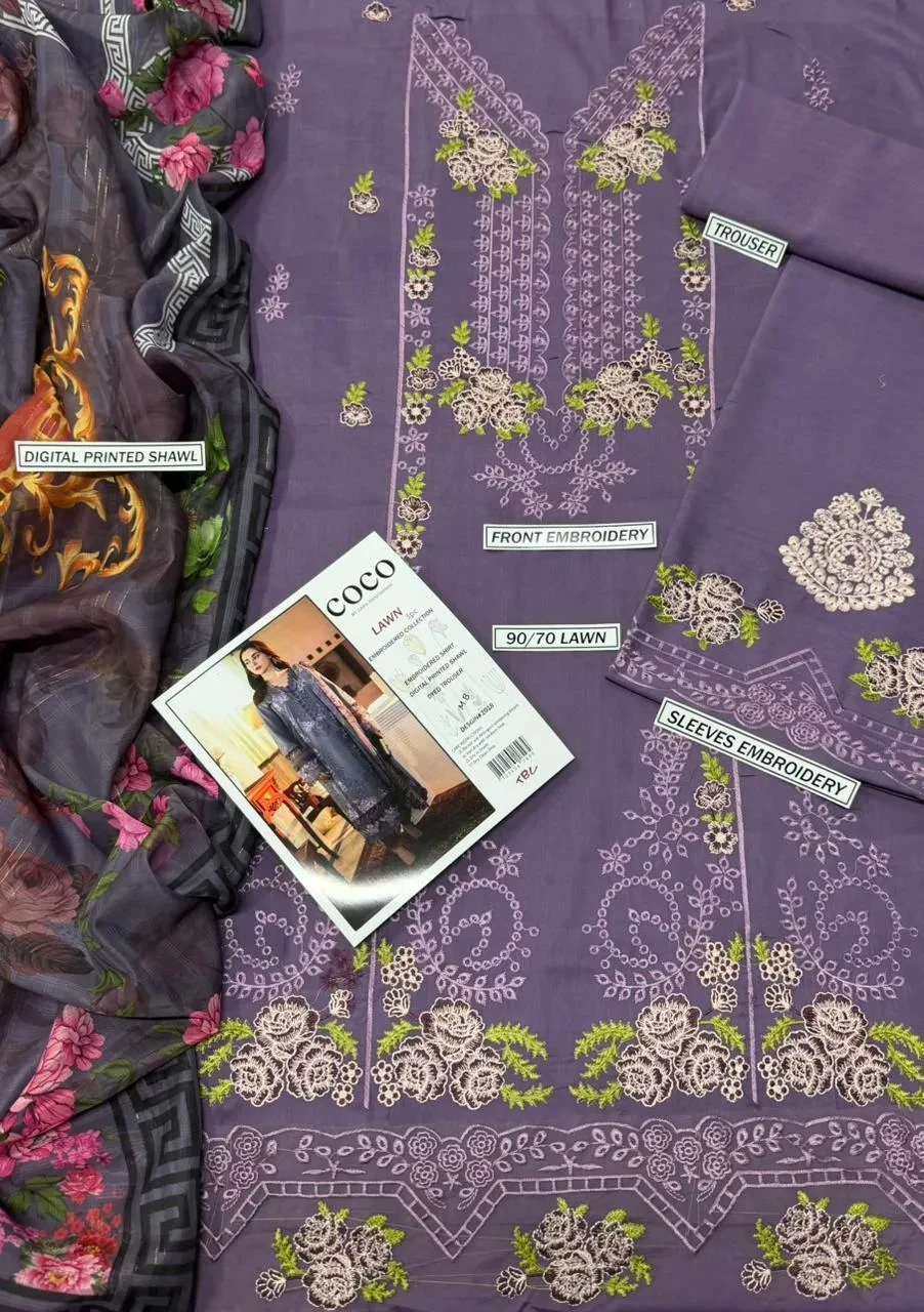 Lilac Embroidered 3-Piece Unstitched Lawn Suit with Digital Print Diamond Dupatta