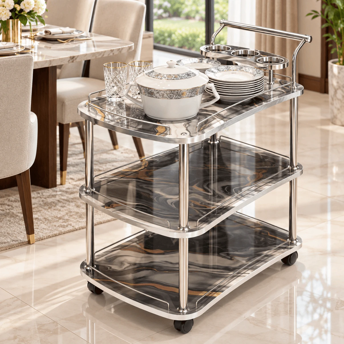 3-Tier Wooden Steel Kitchen Serving Trolley – 1 Year Warranty