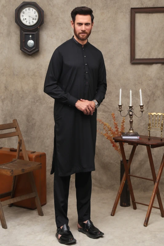 BLACK WASH & WEAR MEN'S SHALWAR KAMEEZ WITH BLACK BUTTONS