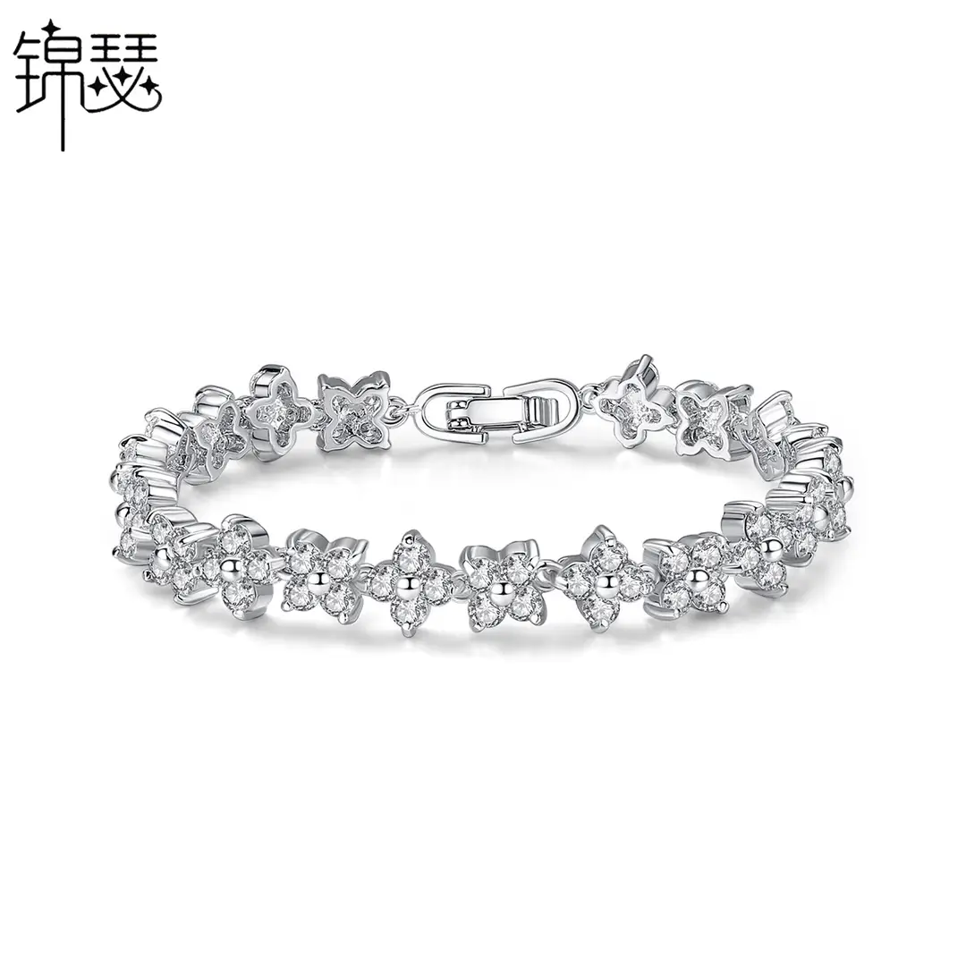 Elegant Silver Floral Bracelet for Women with Sparkling Stones
