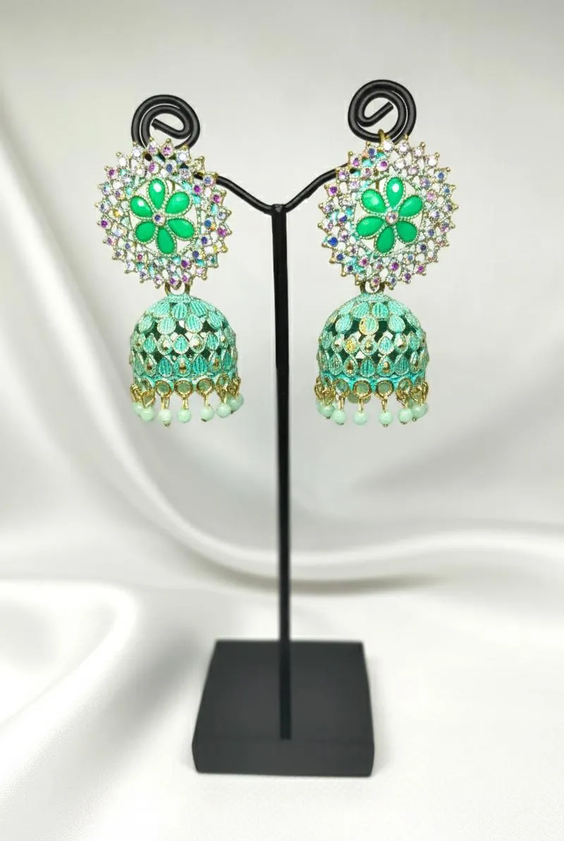 Green Jhumka Earrings for Women – Bridal & Festive Alloy Jhumka with Floral Stones and Pearl Drops