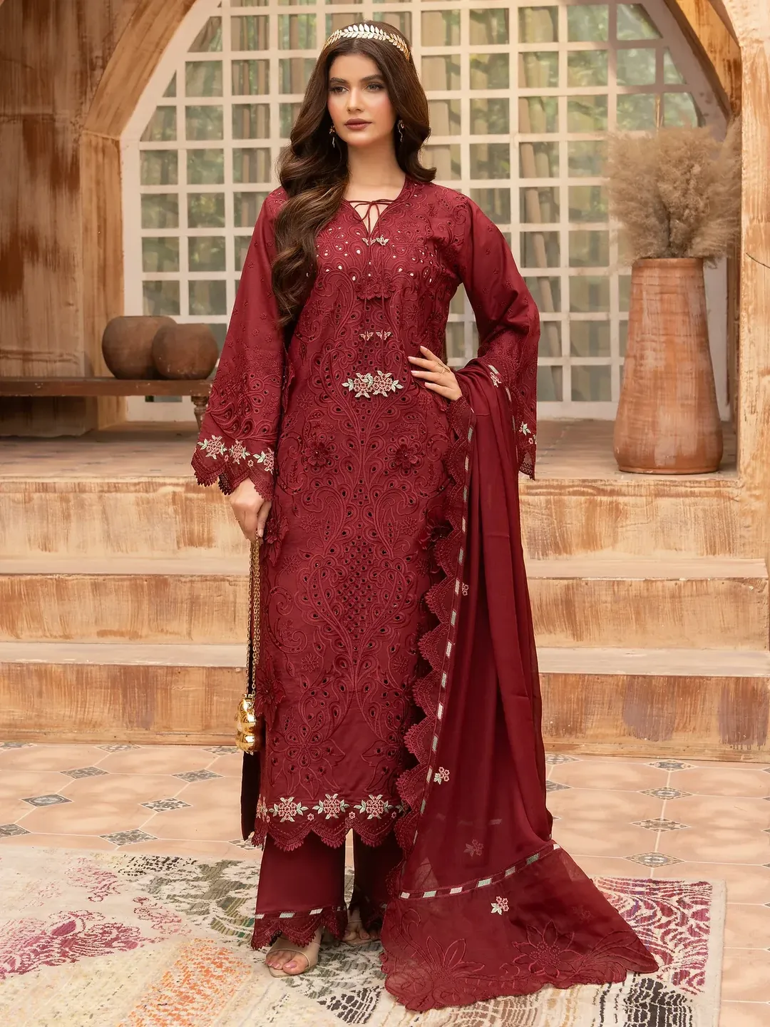 Rukh U2A Embroidered Premium Lawn Suit – 4-Piece Wine Maroon Set