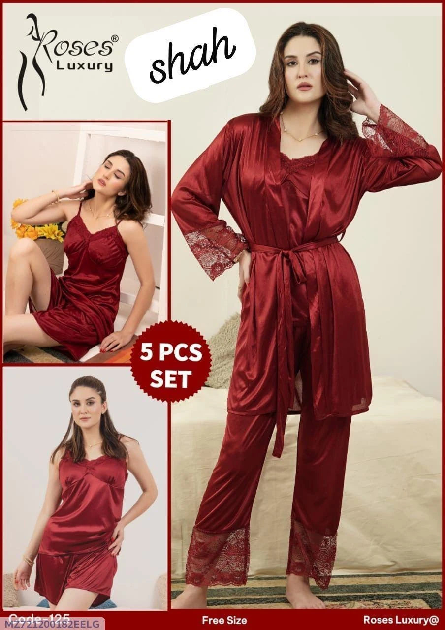 5 Pcs Women Stitched Silk Sleepwear Set