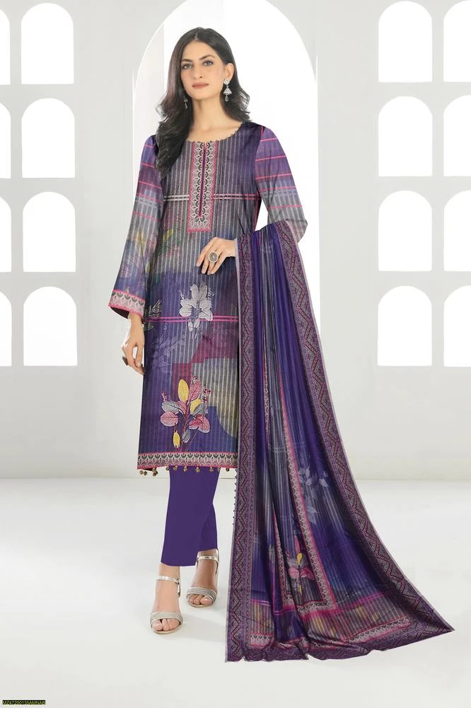 3 Pcs Women's Unstitched Dhanak Printed Suit