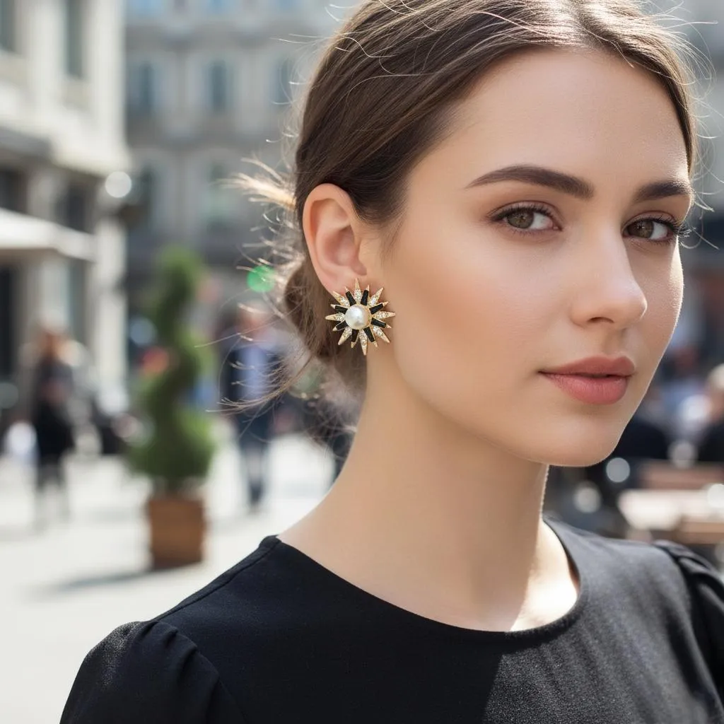 Temperament Aura Starburst Earrings - Gold Plated Crystal Pearl Earrings, 2-Piece Set