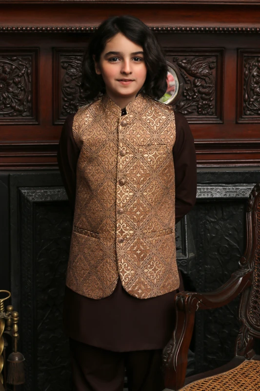 OFF WHITE/GOLDEN EMBROIDERY JAMAWAR KID'S WAIST COAT