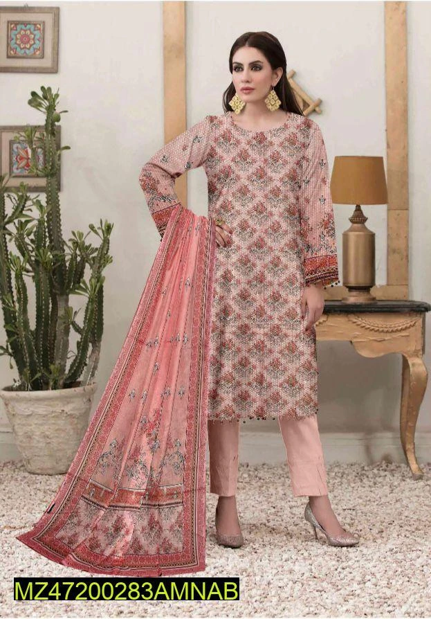 3 Pcs Womens's Unstitched Lawn Printed Suit