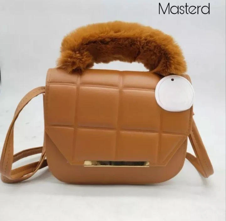 Brown Quilted Crossbody Bag with Fluffy Handle for Girls
