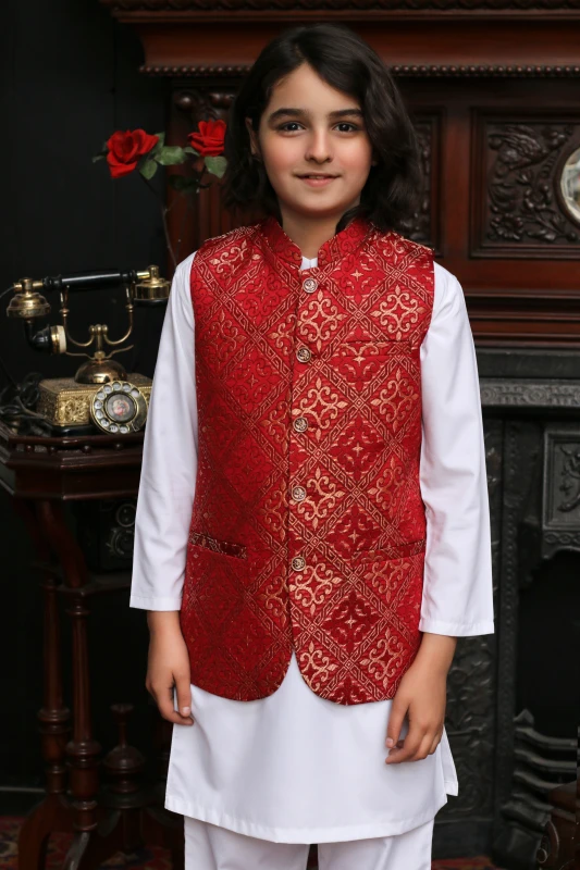 PURPLE EMBROIDED JAMAWAR KID'S WAIST COAT