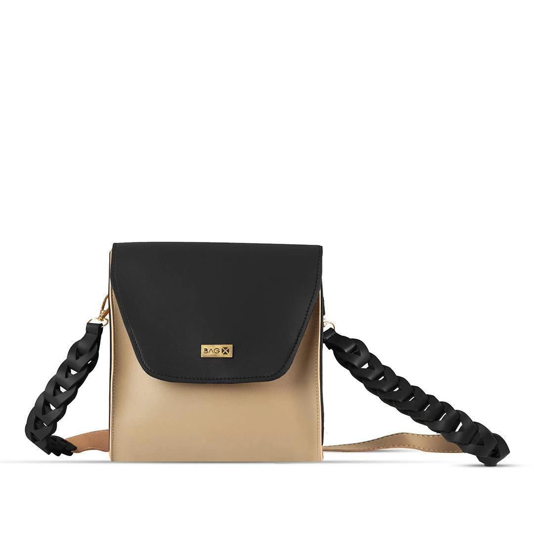 BagX- Glow PU Leather Crossbody, Beige/Black