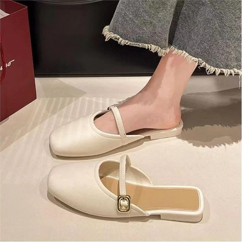 Summer New Elegant One-word Half Slippers Women's Retro Small Square Toe Baotou Lazy Slippers